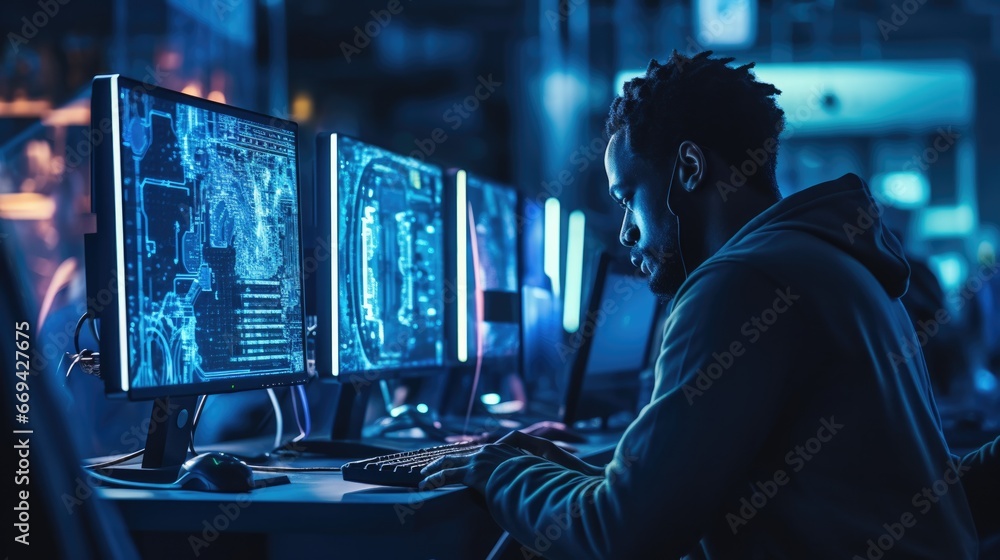 A male hacker in a blue neon light works behind a group of computers A male hacker in a blue neon light works behind a group of computers