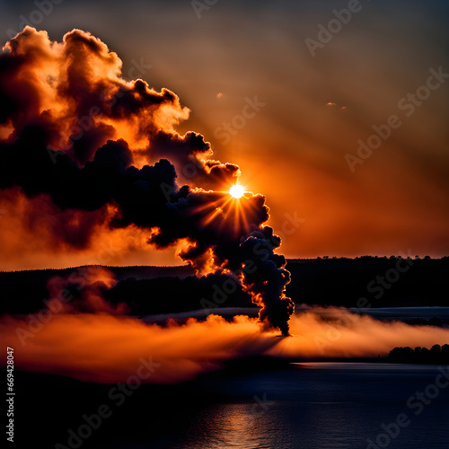 The emission of smoke tells a beautiful picture with the sunset photographed in very high resolution 