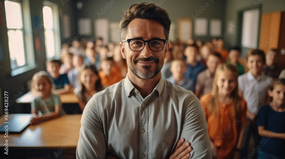 Cheerful Primary School Teacher in a class at elementary school with learning students on background. Cheerful Primary School Teacher in a class at elementary school with learning students on background.