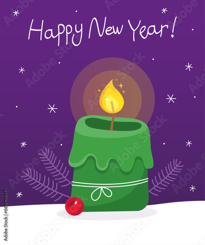Burning green christmas candle in the snow. Dark purple background. White fir branches, snowflakes and a red berry. Christmas and New Year card. The inscription "Happy New Year". Vector illustration.