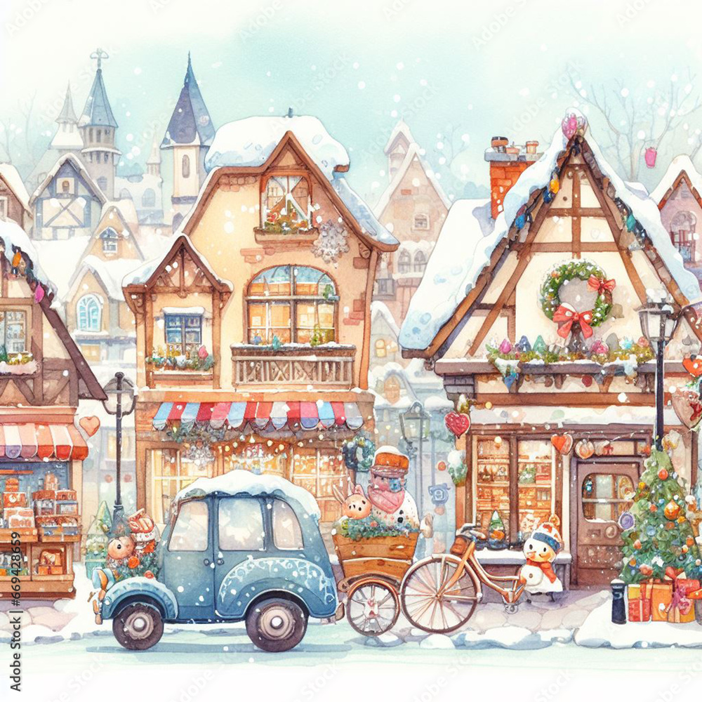 watercolor beautiful winter cute town landscape with snow covered houses. Watercolor painting. cityscape 