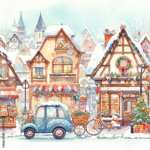 watercolor beautiful winter cute town landscape with snow covered houses. Watercolor painting. cityscape 