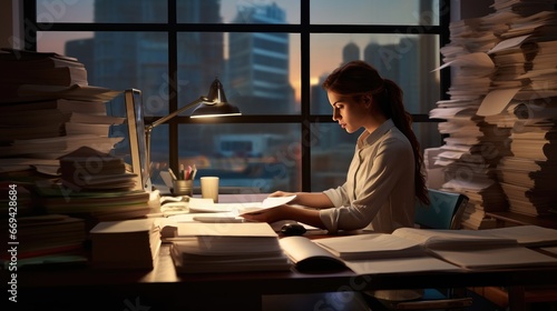 Businesswoman, freelancer, bookkeeper female working at home overworked late at night on table with laptop near window and a stack of paperwork, woman stressed with financial report using laptop