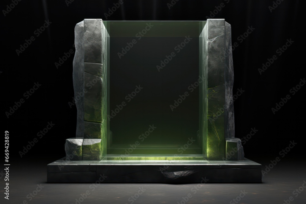 Fototapeta premium green mineral olivite natural stone slabs podium 3d rendering. Pedestal set design for product and cosmetics photography.