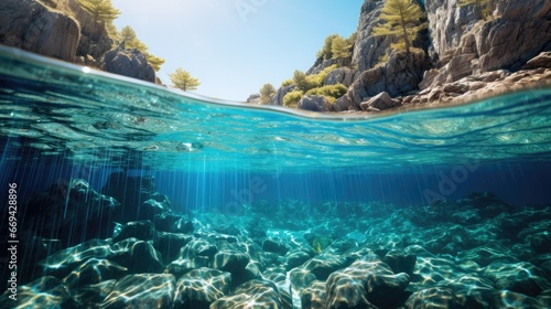 Beautiful panorama of the underwater world section of water and land