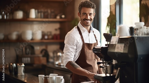 Cafe coffee shop entrepreneur male smiling happy working in cafeteria, Hispanic 30s man wearing apron standing in counter bar barista making hot espresso from machine, small business owner lifestyle photo