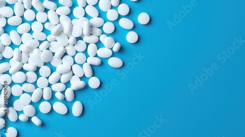 white pills on blue background copy space right website banner. Pharmaceutical industry, opioid crisis, antidepressants, business.
