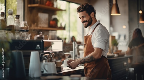 Cafe coffee shop entrepreneur male smiling happy working in cafeteria  Hispanic 30s man wearing apron standing in counter bar barista making hot espresso from machine  small business owner lifestyle