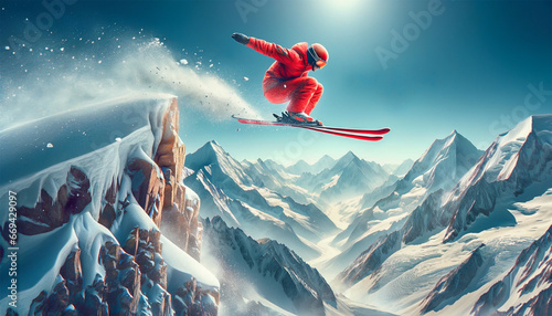Foto 雪山頂から大胆なジャンプをする赤い装備のスキーヤー