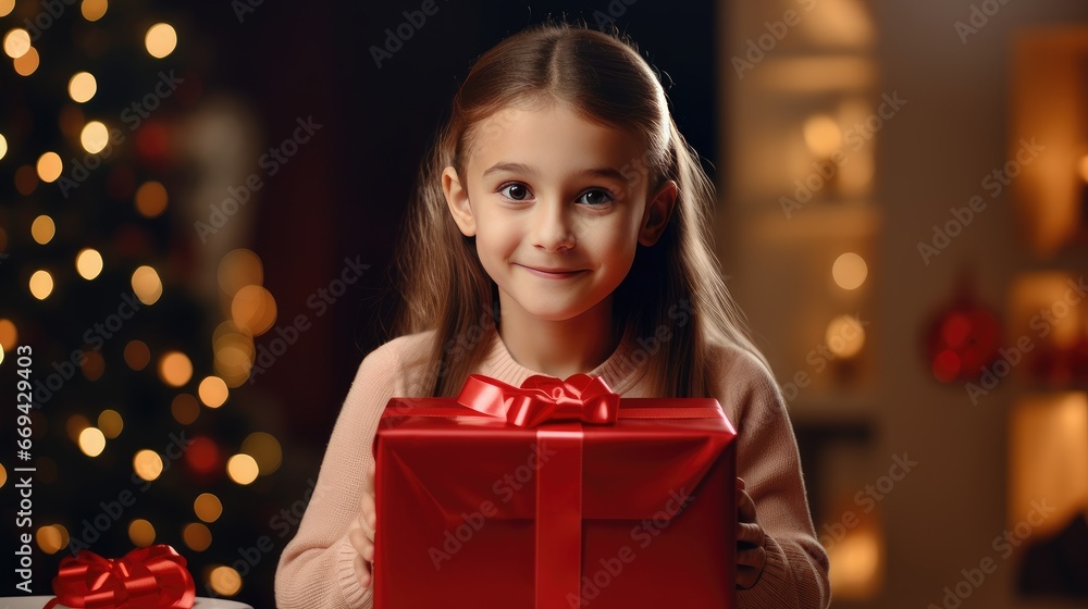 Little girl looking at camera excited smile with Christmas Tree decoration in living room night light, Hispanic child hold beautiful red christmas gift standing in front of family dinner party at home Little girl looking at camera excited smile with Christmas Tree decoration in living room night light, Hispanic child hold beautiful red christmas gift standing in front of family dinner party at home