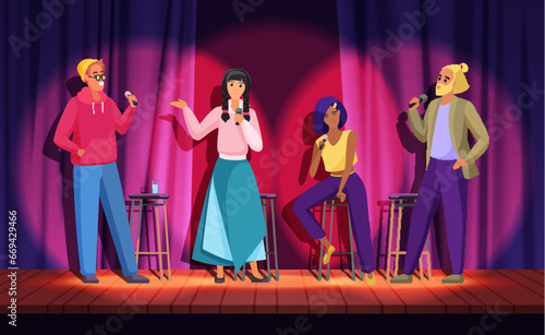 Stand up show by team of artists on theatre stage vector illustration. Cartoon male and female comedians speak with microphones in spotlights, people present humor performance in front of audience