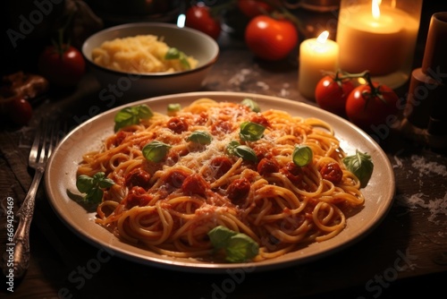 Spaghetti with rich sauce, Spaghetti with tomato sauce, Candlelight dinner.