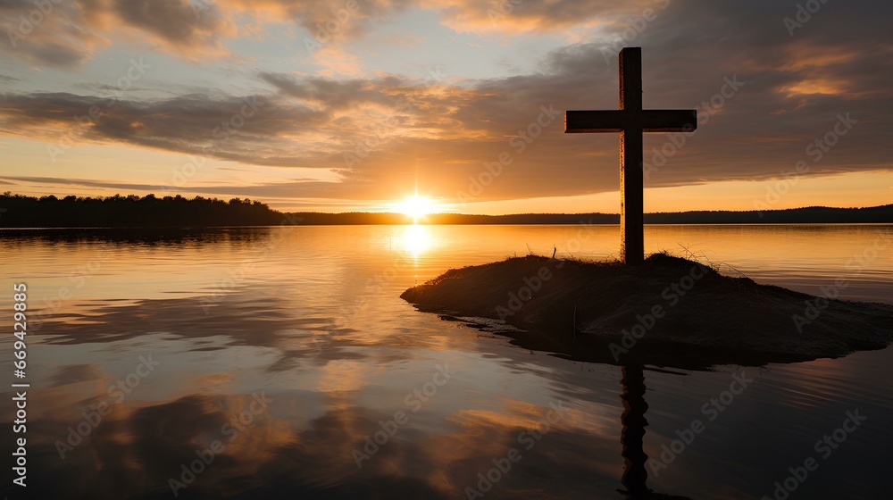 a sunrise or sunset over a calm body of water, with a cross silhouette in the foreground, symbolizing new beginnings and faith. copy space. generative AI