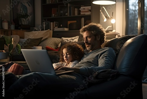 Smiling little boy relaxing on sofa at home with young father watching funny videos on laptop together, overjoyed father resting