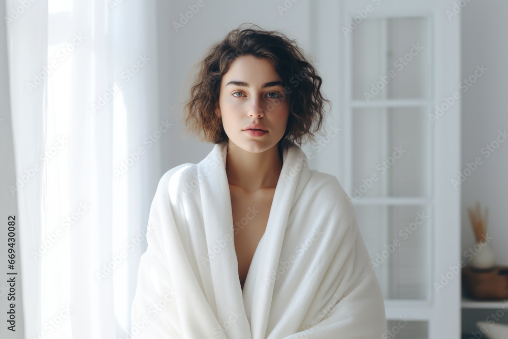 Young woman wrapped in a white blanket trying to warm up in the cold apartment Young woman wrapped in a white blanket trying to warm up in the cold apartment