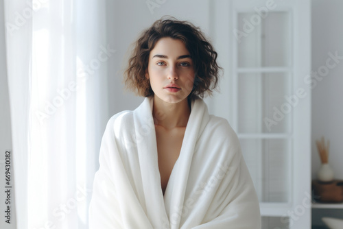 Young woman wrapped in a white blanket trying to warm up in the cold apartment