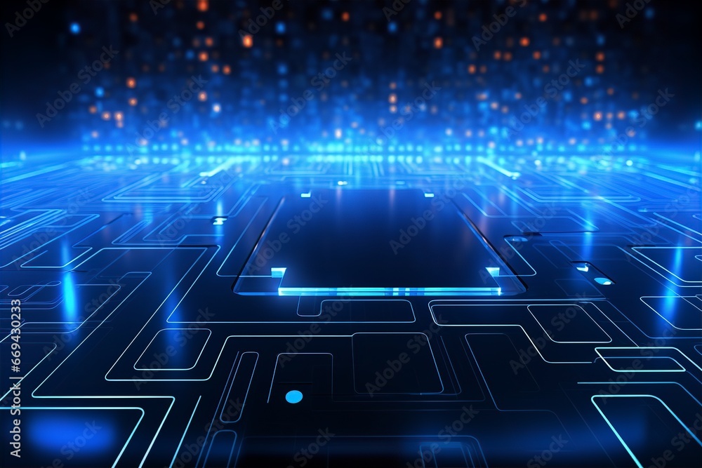 abstract technology background, neon circuit, blue neon gives a feeling of being in a digital world or an active server abstract technology background, neon circuit, blue neon gives a feeling of being in a digital world or an active server