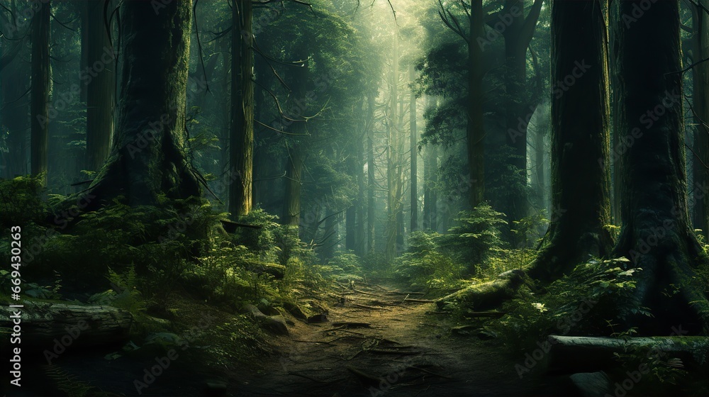 a serene forest scene bathed in soft, diffused light. Tall, majestic trees with green foliage line both sides of the canvas - obrazy, fototapety, plakaty 
