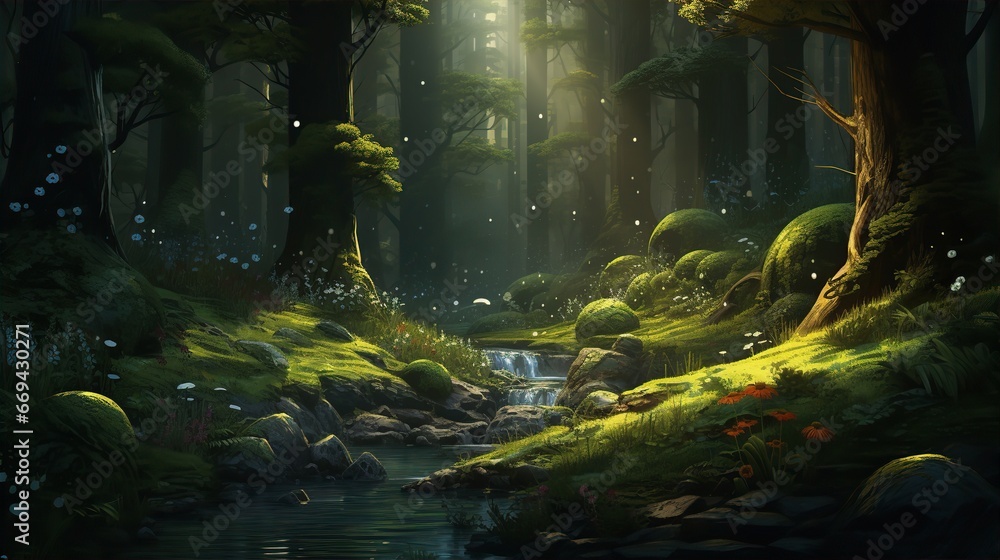 a serene forest scene bathed in soft, diffused light. Tall, majestic trees with green foliage line both sides of the canvas, a gentle stream meanders through the forest floor