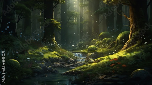 a serene forest scene bathed in soft, diffused light. Tall, majestic trees with green foliage line both sides of the canvas, a gentle stream meanders through the forest floor © arjan_ard_studio