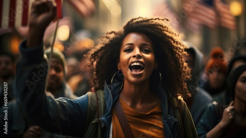 Protesters, African woman shouting and gesturing while taking part protest for equal rights. photo