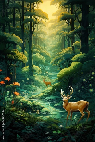 a serene forest scene bathed in soft, diffused light. Tall, majestic trees, the deer and the way in the middle through the forest floor