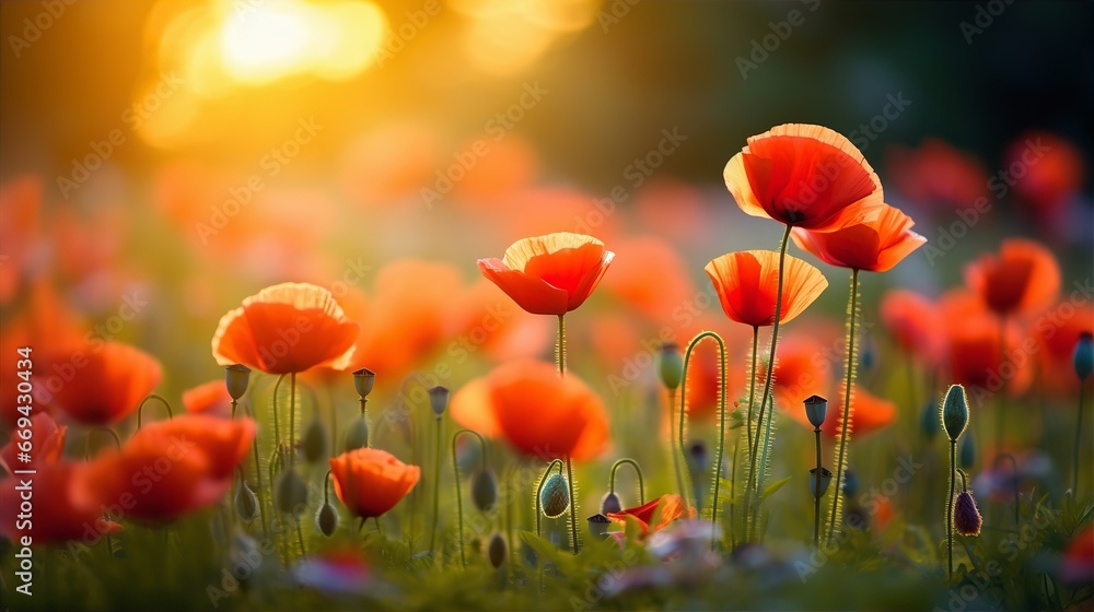 Fototapeta premium Poppy spring flowers with sunlight, blurred nature background
