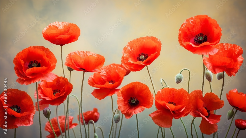 Obraz premium Poppy spring flowers in the garden with sunlight, blurred nature background