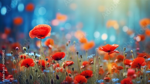 Poppy spring flowers, blurred nature background