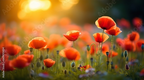 Poppy spring flowers with sunlight  blurred nature background