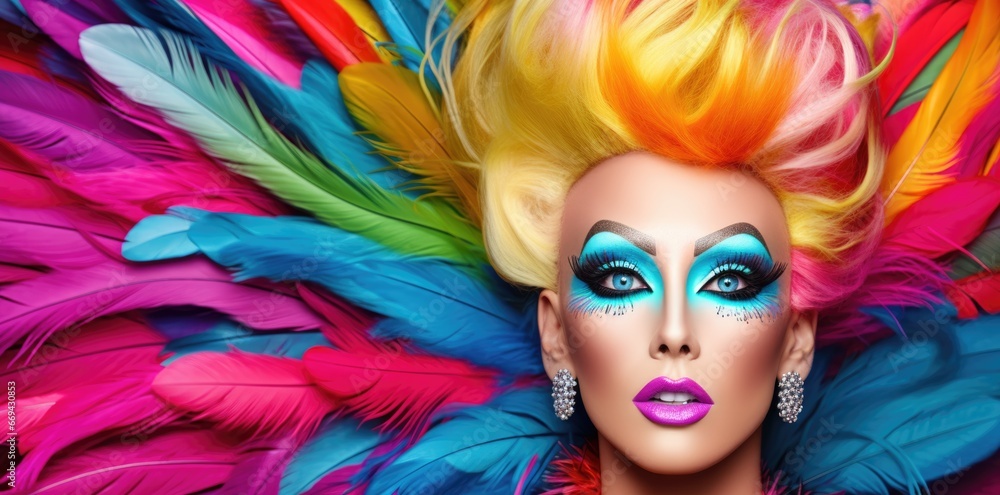 A transvestite man with bright extravagant makeup and a rainbow dress on a background of colored feathers. Wide banner with space for your text
