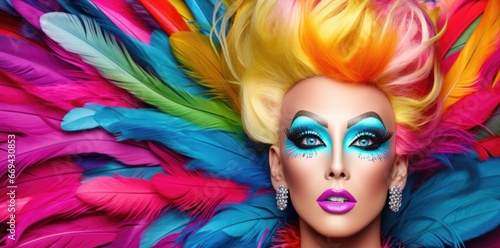 A transvestite man with bright extravagant makeup and a rainbow dress on a background of colored feathers. Wide banner with space for your text