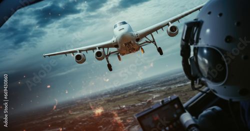 View from the cockpit, plane flying into another aircraft, collision