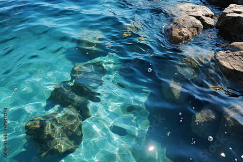 Stones on the seashore. Sun glare on the surface of the water.