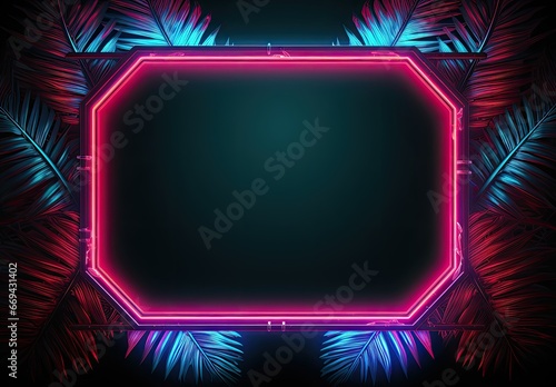 Neon frame on palm with dark background