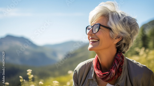 Portrait of senior woman in straw hat looking up on field photo