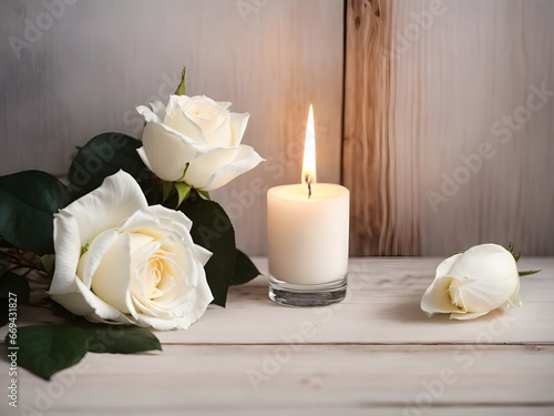 White rose and candle with wooden background