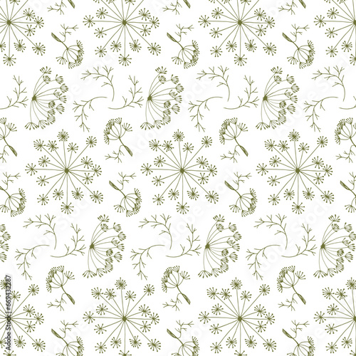 Dill branches, leaves, flowers and seeds in one pattern similar to green fennel on a white background. Light background for fabric or label design. Vector image.