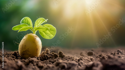 Close-up of green potato sprout sprouting from potato tuber, lost during planting in early spring. The green plant is illuminated by sunlight the rising sun. Blurred background. Copy space. photo