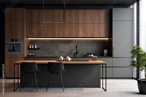 AI generation. Sleek and modern  the dark kitchen exudes industrial flair and
