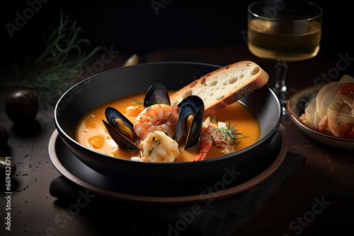 Bouillabaisse Seafood Soup, Fish, Shrimps Broth in Bowl, Abstract Generative AI Illustration