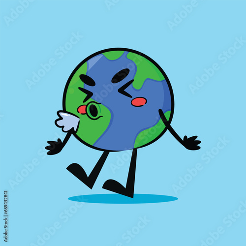 cute earth mascot is sneezing, cute vector mascot illustration.