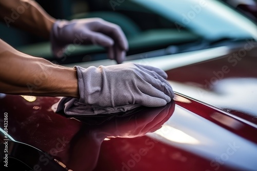 Car Washing, Man Polishes his Car with Microfiber Cloth, Generative AI Illustration © artemstepanov