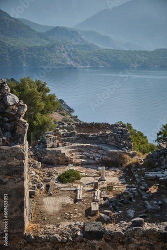 The ruins of an ancient castle on the top of the island.