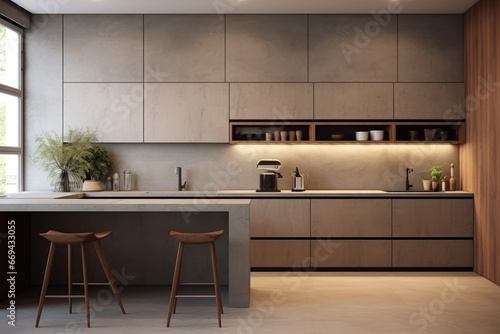AI generation. Sleek and modern  the dark kitchen exudes industrial flair and