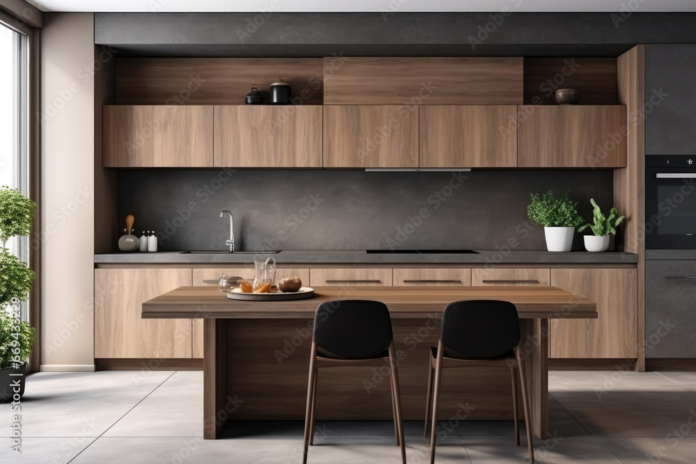 AI generation. Sleek and modern, the dark kitchen exudes industrial flair and AI generation. Sleek and modern, the dark kitchen exudes industrial flair and