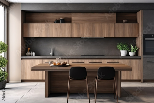 AI generation. Sleek and modern, the dark kitchen exudes industrial flair and