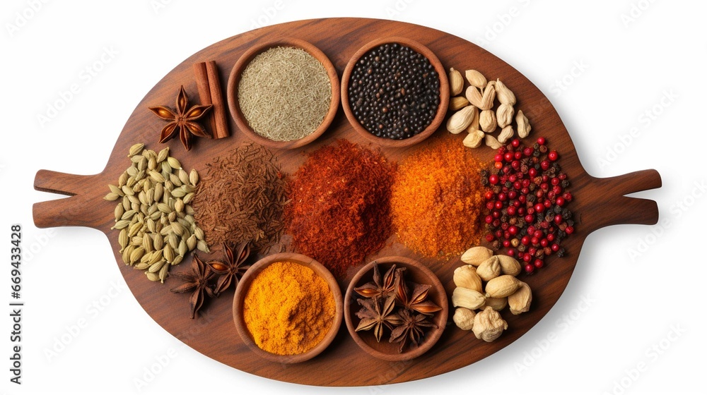 A top view of various Indian spices and seasonings on wooden plates