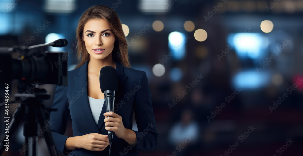 Girl journalist with microphone with space for your inscription Girl journalist with microphone with space for your inscription