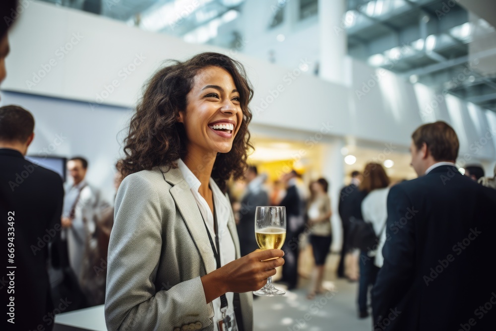Happy business woman while holding drink champagne during event at convention center Happy business woman while holding drink champagne during event at convention center